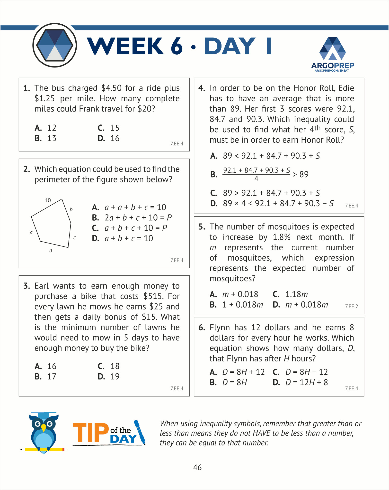Shsat Prep 7th Grade Math Standards Everyday Practice Questions Book 1 Argoprep