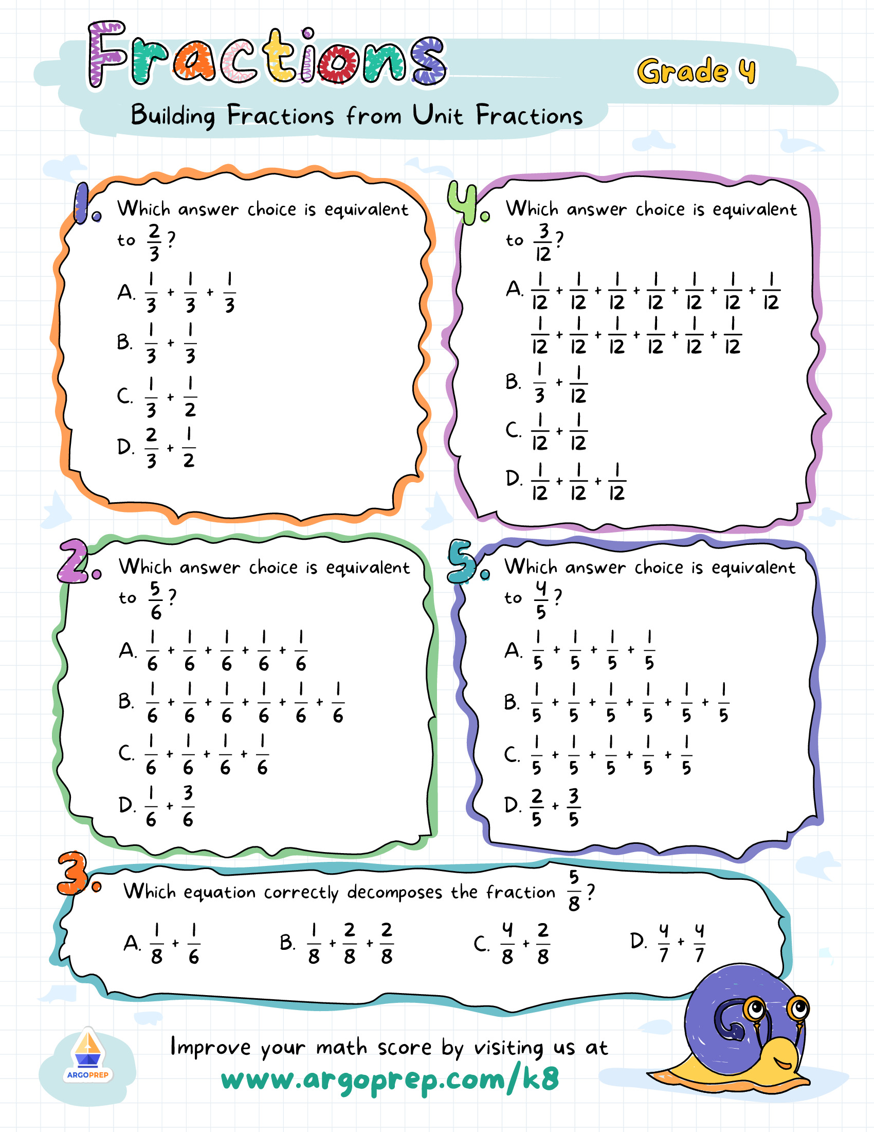 Snail Mail with Fraction Fun - ArgoPrep Within Decomposing Fractions 4th Grade Worksheet