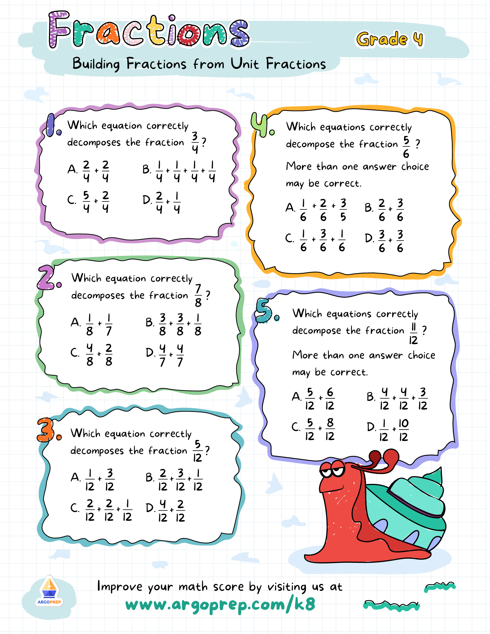 Decomposing Fractions Worksheet - ArgoPrep For Decomposing Fractions 4th Grade Worksheet