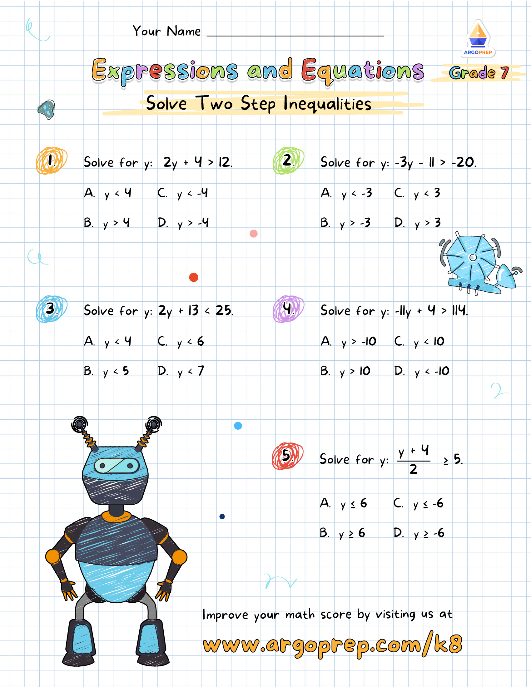 Robot Ready for Two Step Inequalities - ArgoPrep Within Two Step Inequalities Worksheet