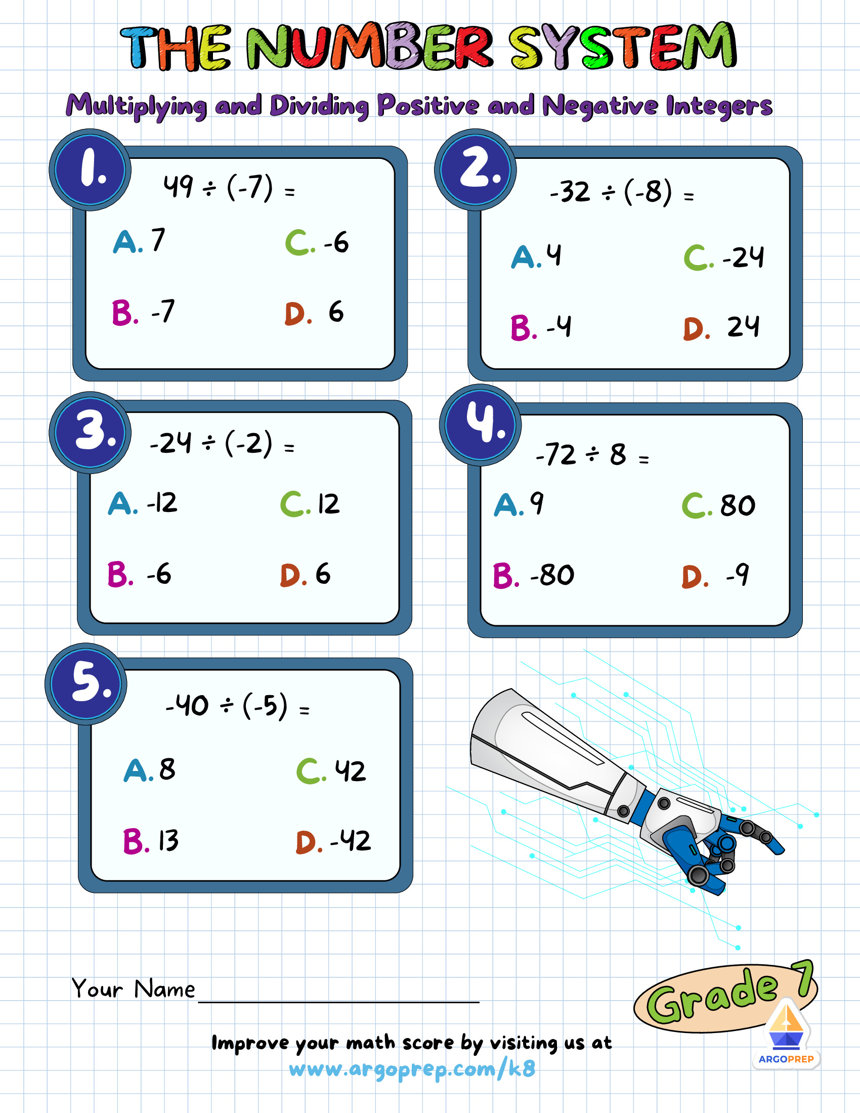 Multiplication Of Integers Worksheet