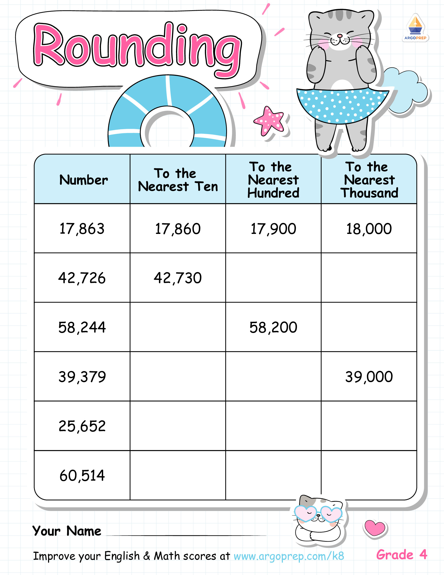 Rounding Worksheets: 2, 3, and 4 Digit Numbers