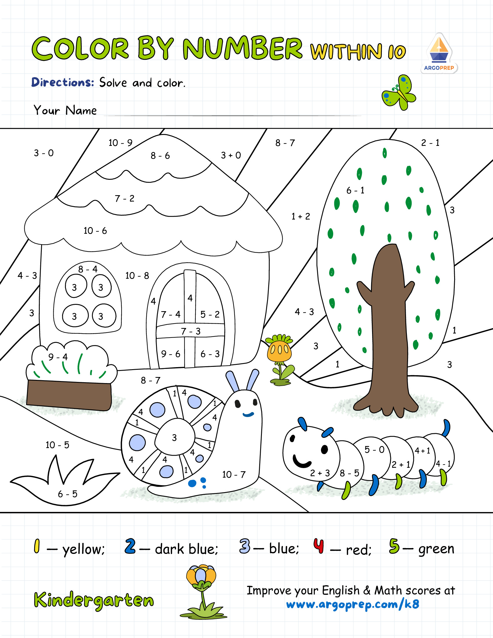 Snail and Caterpillar's Plus, Minus, and Coloring Worksho - ArgoPrep