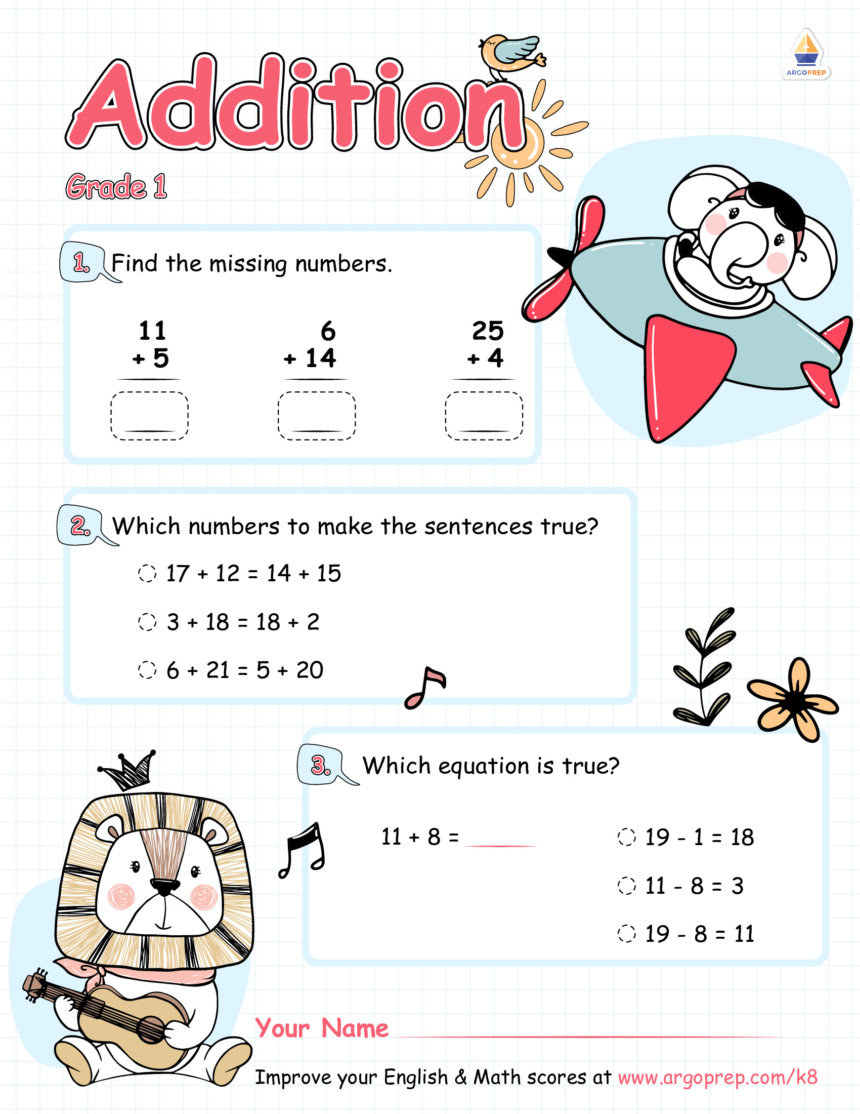 true or false addition sentences grade 1 argoprep