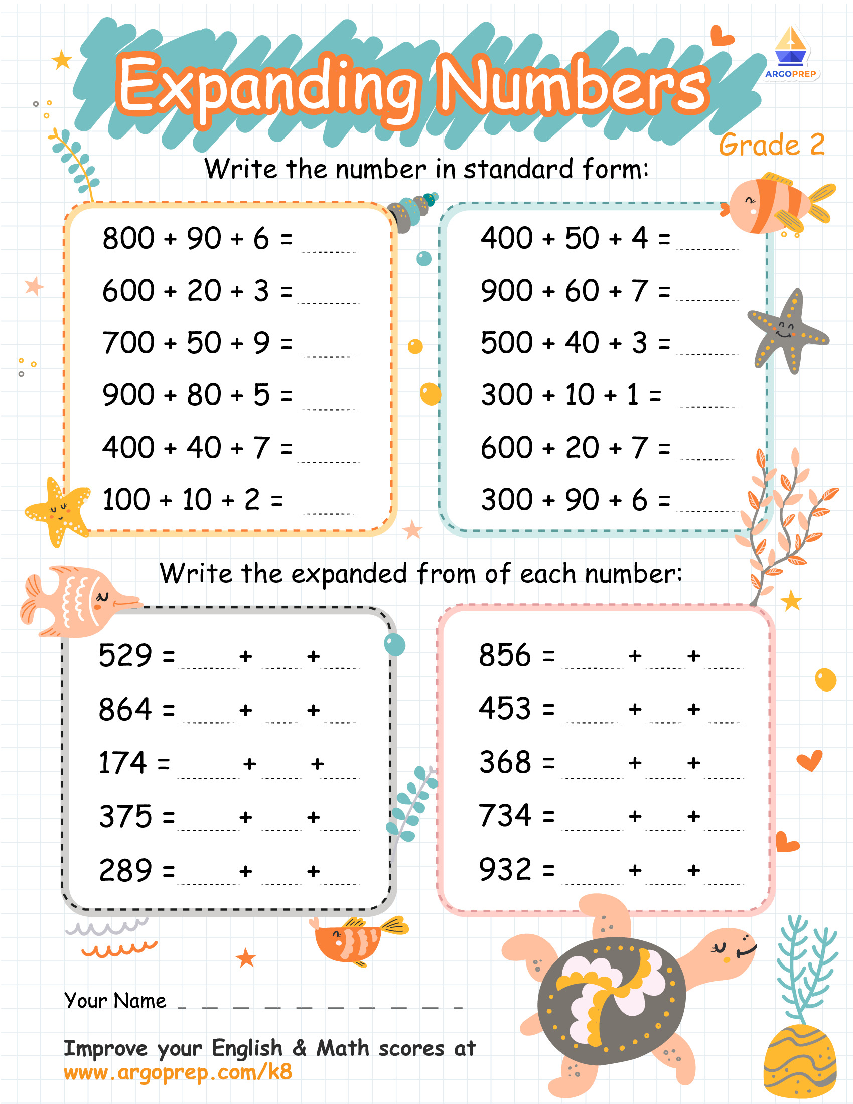 Standard and Expanded Form Numbers with Sea Turtle ArgoPrep