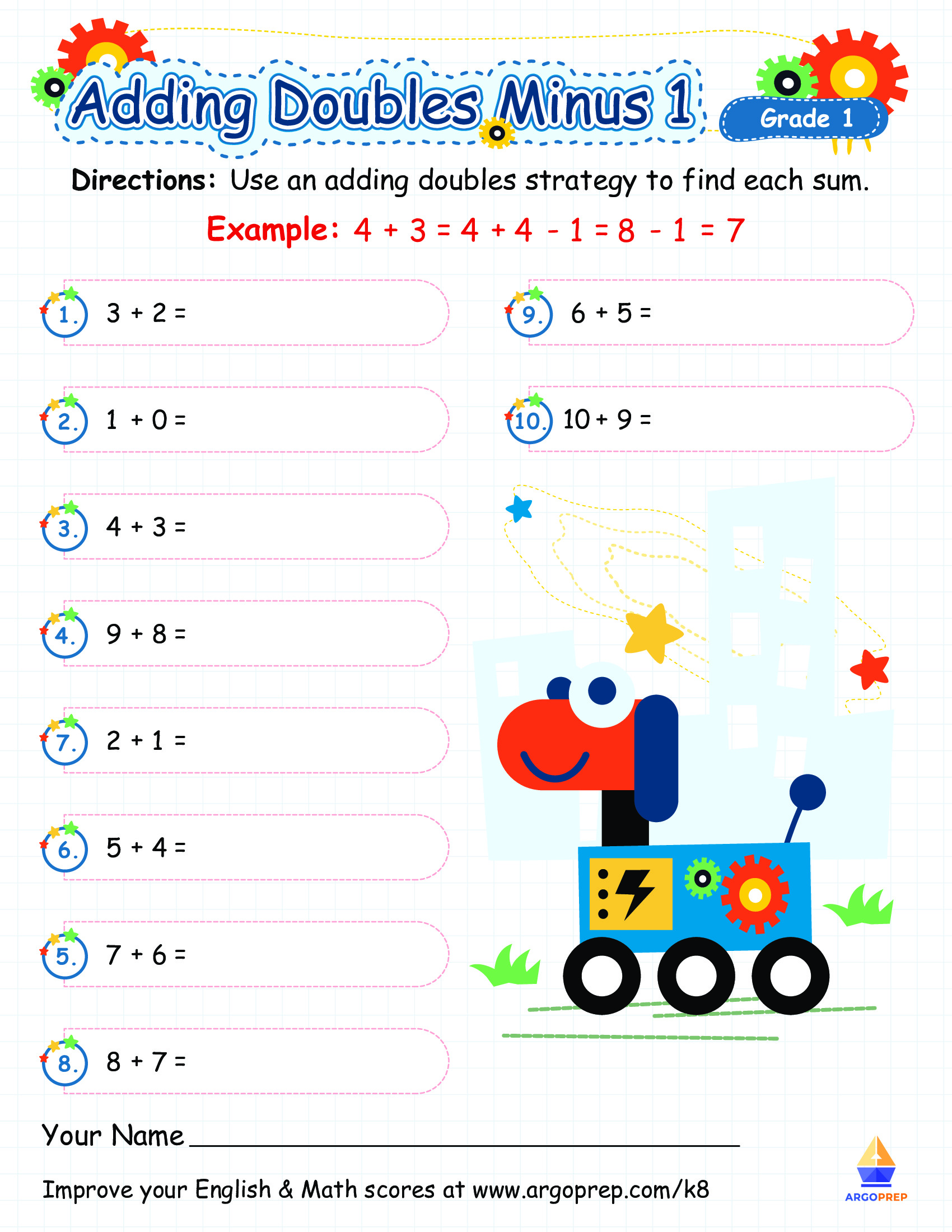 Doubles-Minus-One with Robot Dog - ArgoPrep Within Doubles Plus One Worksheet