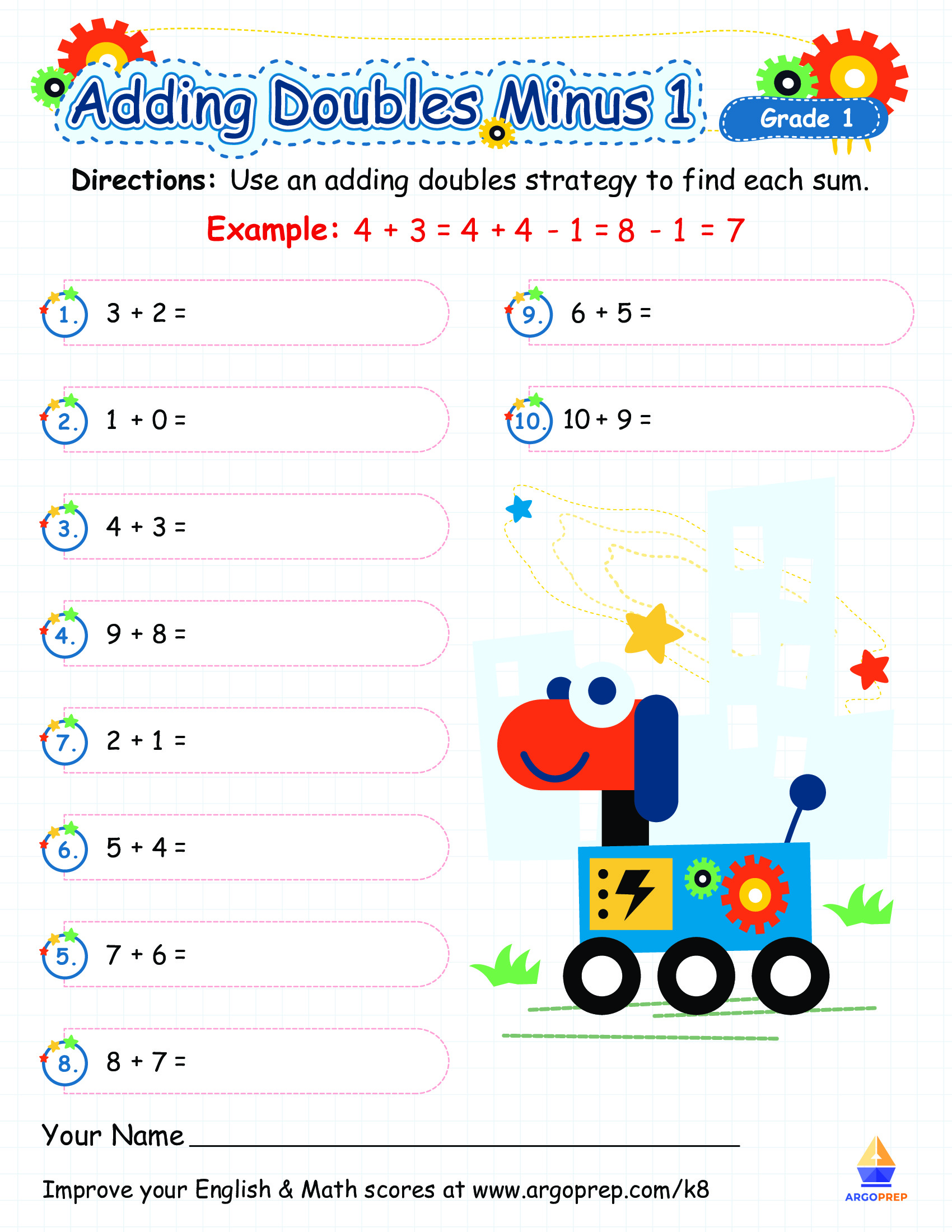 Doubles-Minus-One with Robot Dog - ArgoPrep For Doubles Plus One Worksheet