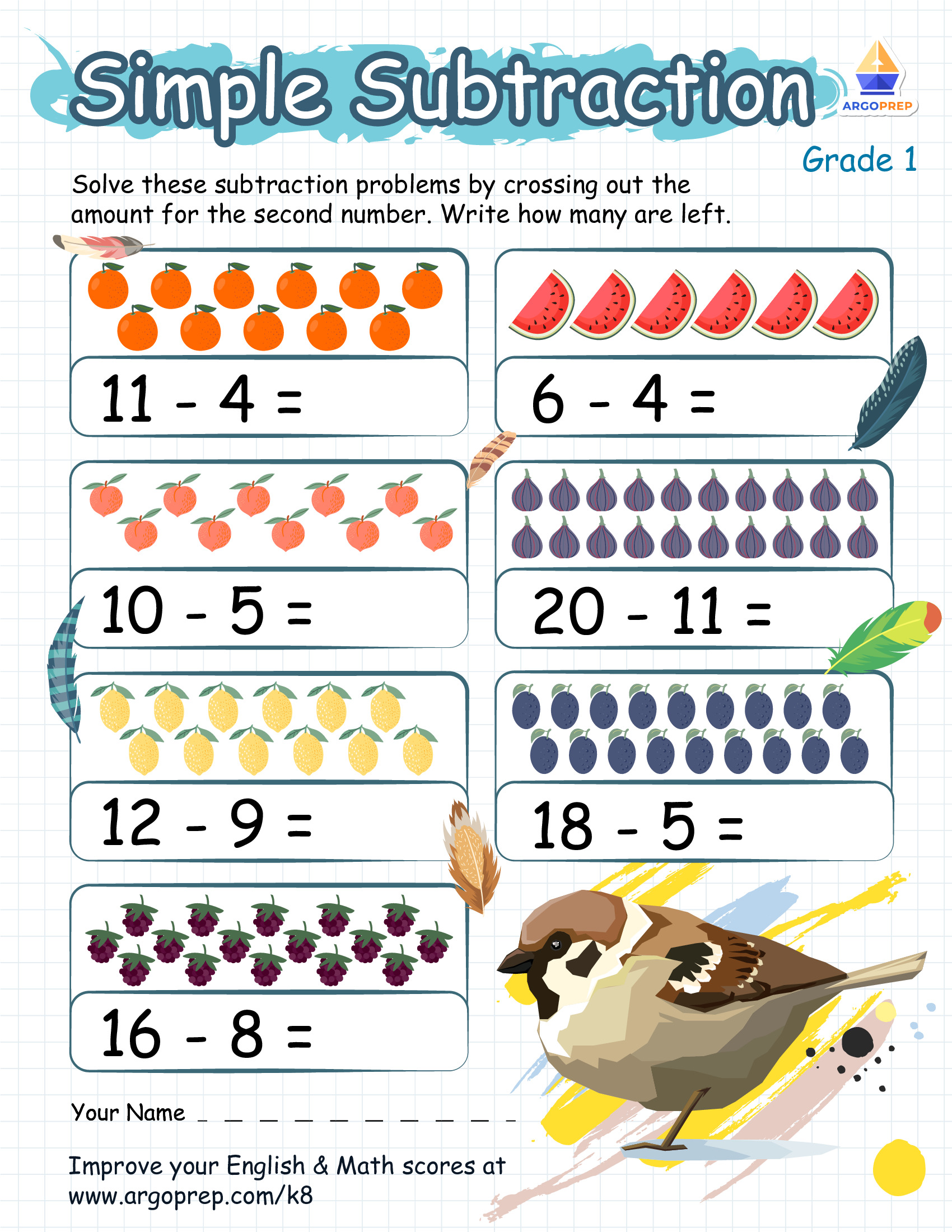 subtraction sentences with peaceful bird argoprep